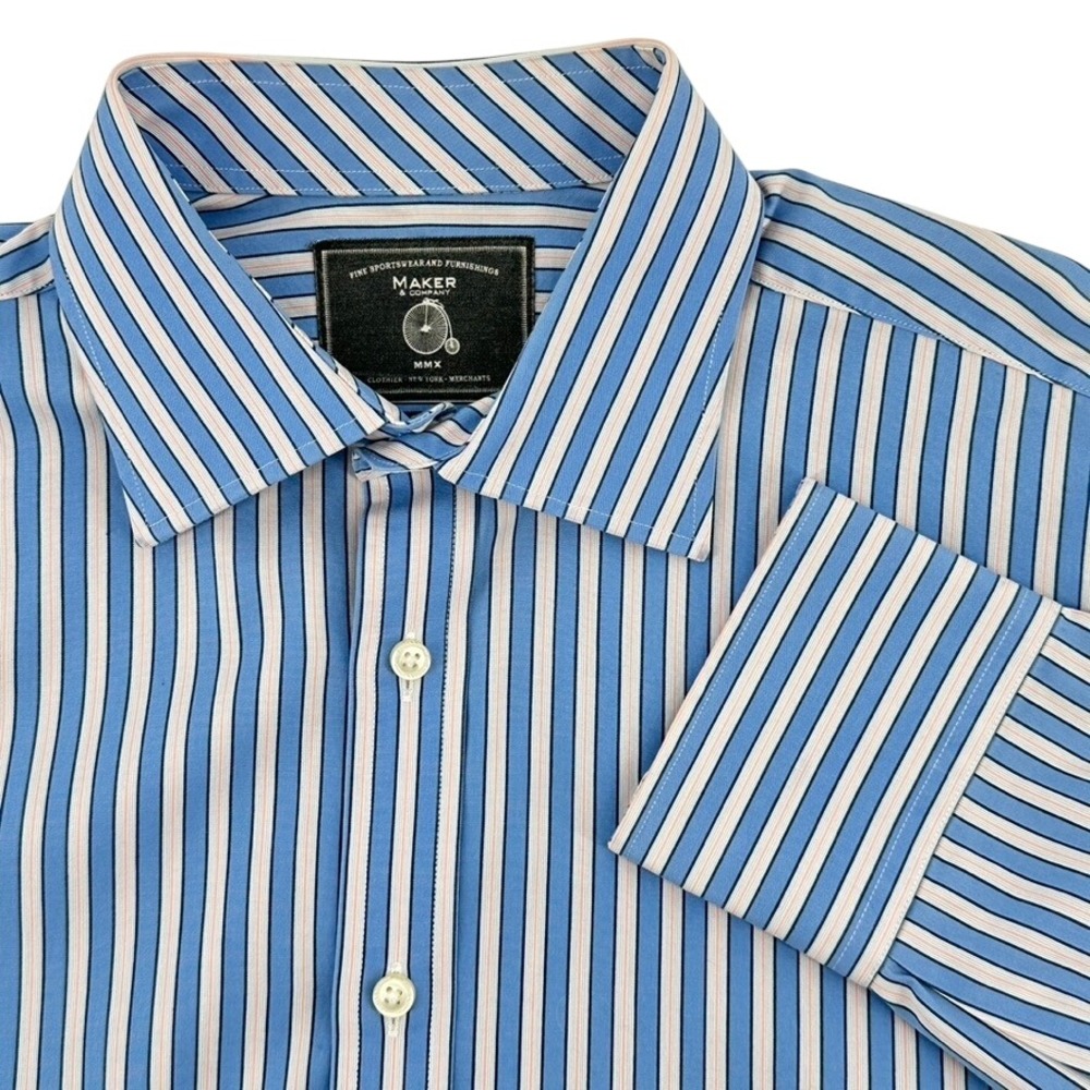 Maker & Company Mens Large Long Sleeve Blue Pink Stripe Button Up‎ Dress Shirt